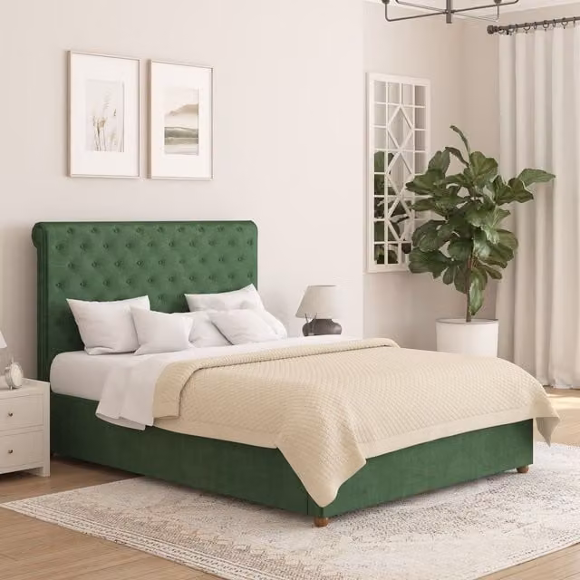 Aspire Taylor Ottoman Storage Bed Frame in Green Plush Velvet Fabric, Double (W: 140 cm, L: 200 cm)