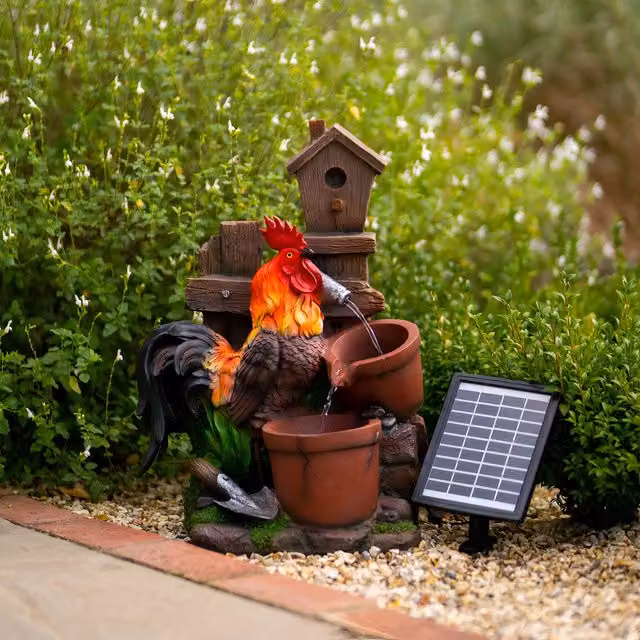 Primrose Rooster Pouring Pots Tiered Solar Water Cascade Feature in Brown and Multicolour