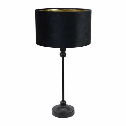 ValueLights Maggie Black Metal Candlestick Table Lamp with Black Velvet and Gold Inner Shade and Warm White Bulb
