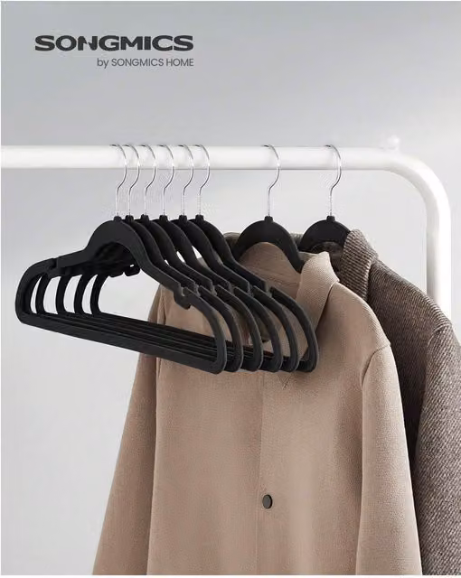 SONGMICS Non-Slip Velvet Flocked Coat Hangers with Notches and Swivel Hook, Black, 1.4kg