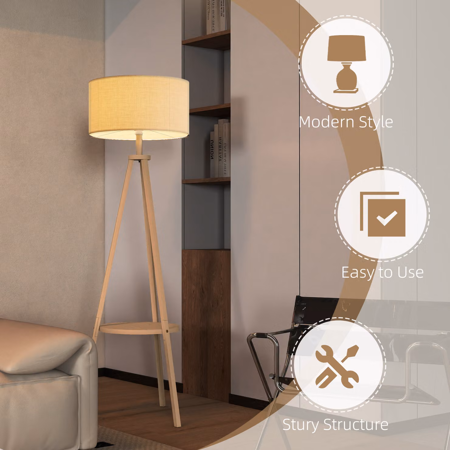 HOMCOM Tripod Floor Lamp with Storage Shelf and Beige Linen Shade, Natural Wood Colour, Height: 160 cm – 4