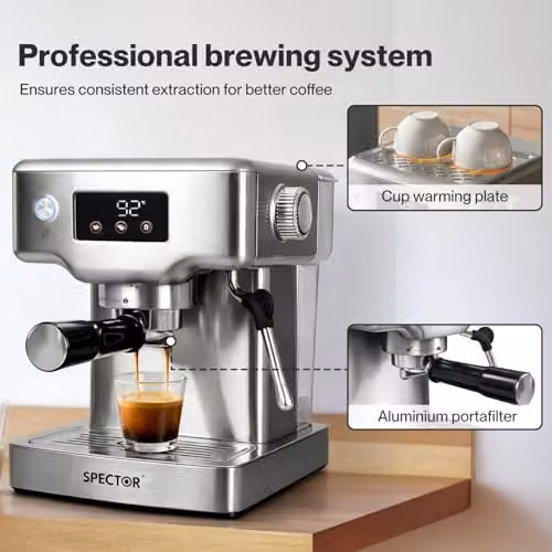Spector Ultra Espresso Machine in Silver with LCD Touch Display, 20 Bar Pressure, Milk Frother and Removable Water Tank – 6