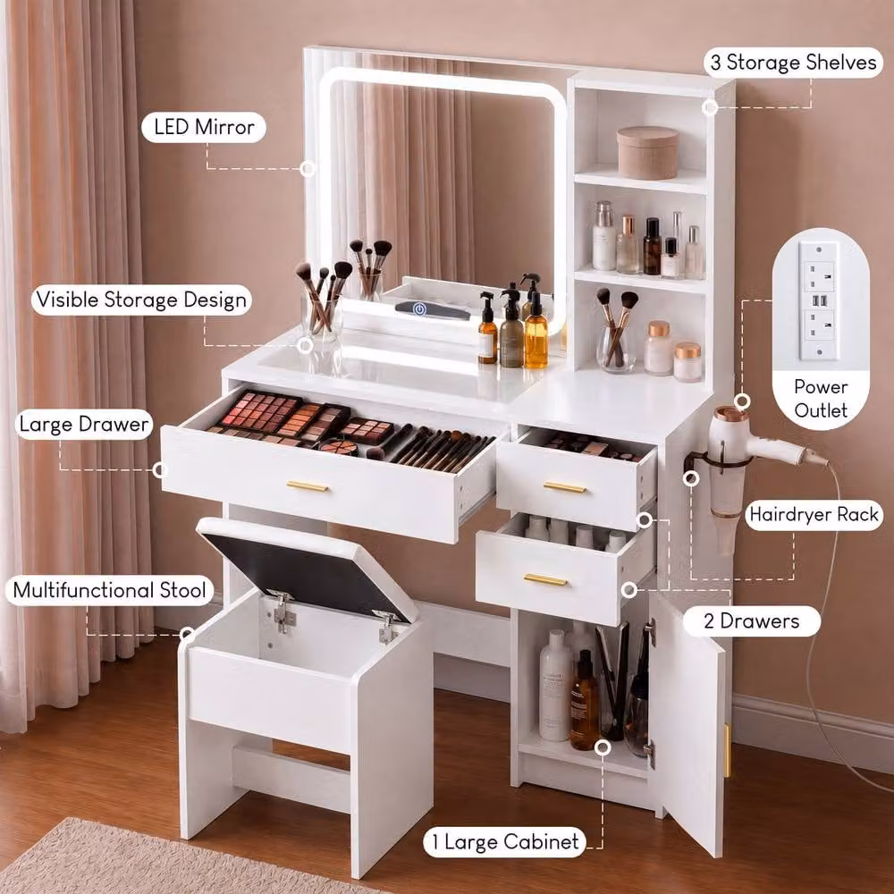 Home Discount Vida Designs Clova LED Dressing Table with 3 Drawers, 1 Door and 2 Shelves in White – 4