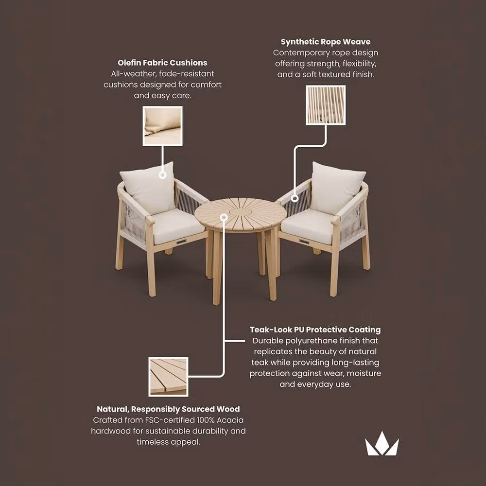 Royalcraft ROMA Bistro Set with Natural Rope Lounge Dining Chairs in Brown and Beige – 3