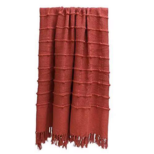 Riva Home Woven Striped Cotton and Polyester Throw with Fringes, Red, W: 140 cm, D: 180 cm