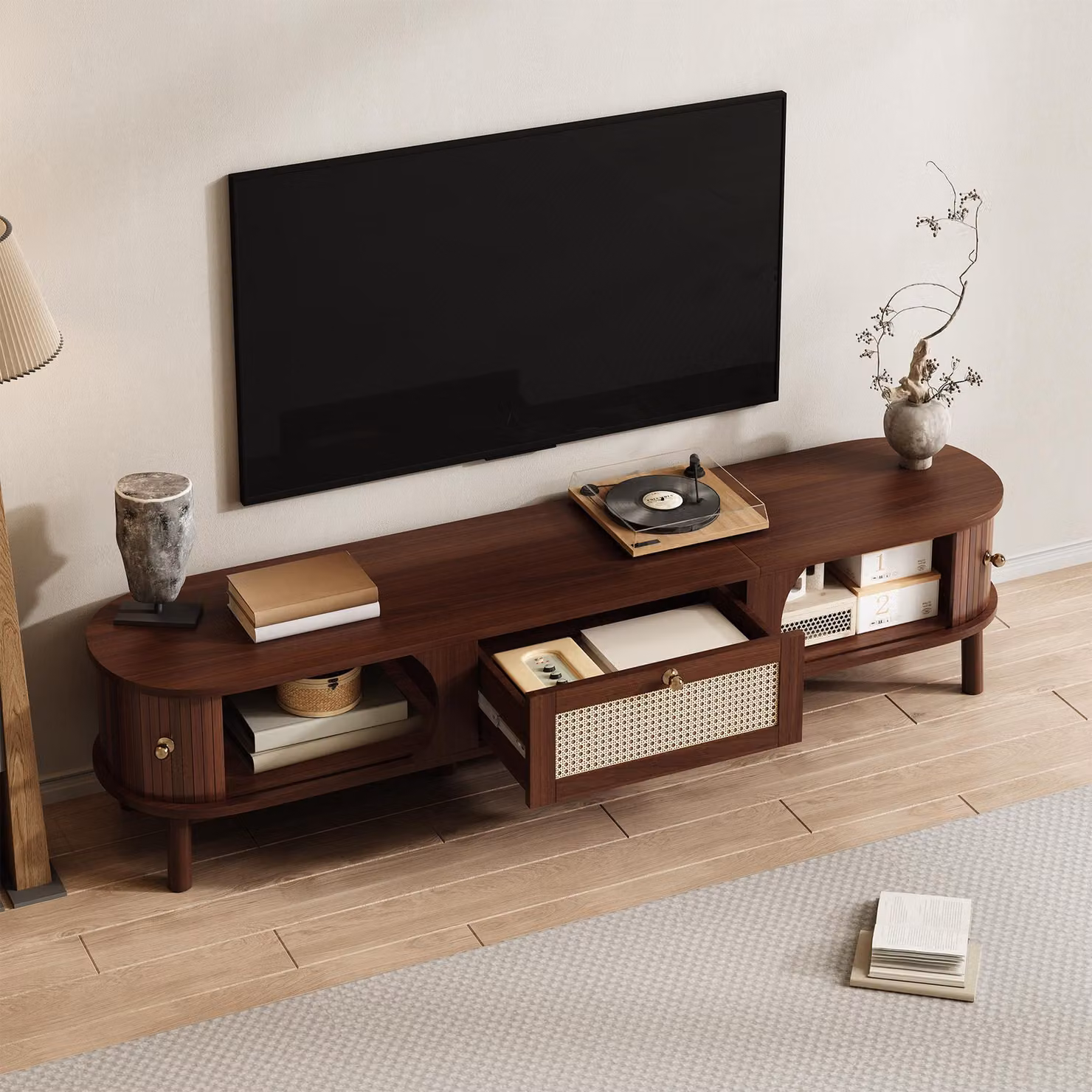 Aosom UK Modern Walnut TV Cabinet with Handwoven Rattan Drawers and Sliding Doors, W: 39.5 cm, D: 38 cm, H: 38 cm, Brown – 3