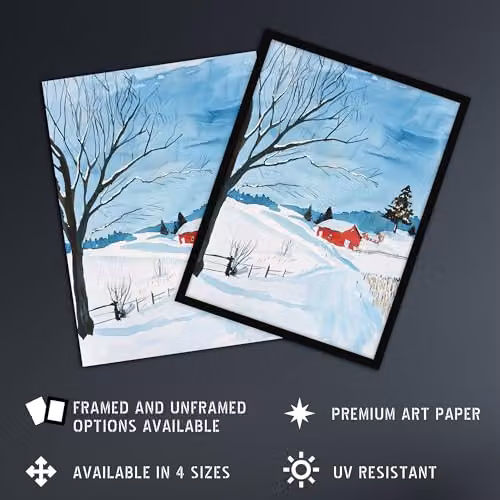 Artery8 Red Swedish Cottage in Winter Snow Countryside Framed Wall Art Print, A4 – 2