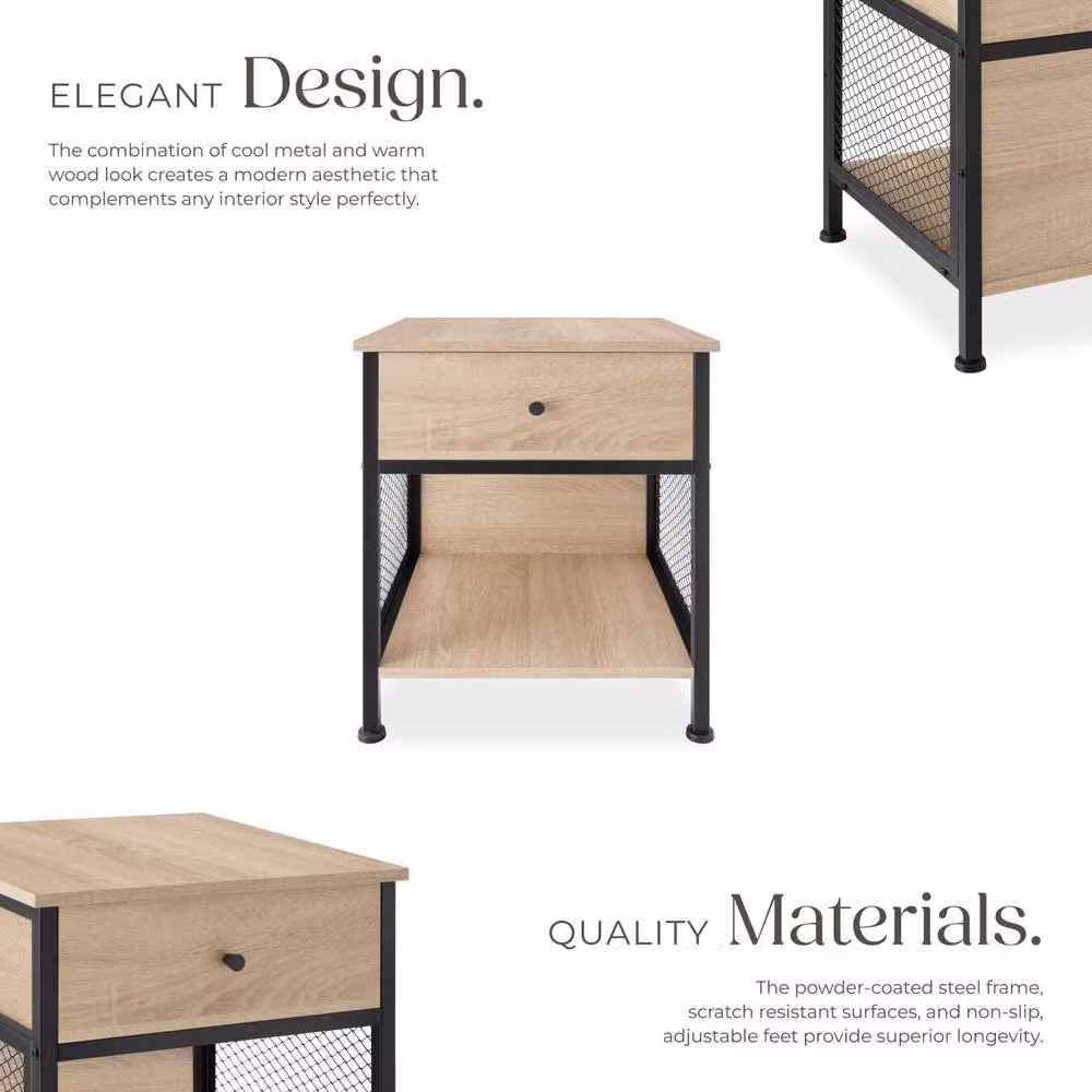 tectake Killarney Bedside Table with Shelf, Drawer and Open Storage in Light Oak – 3
