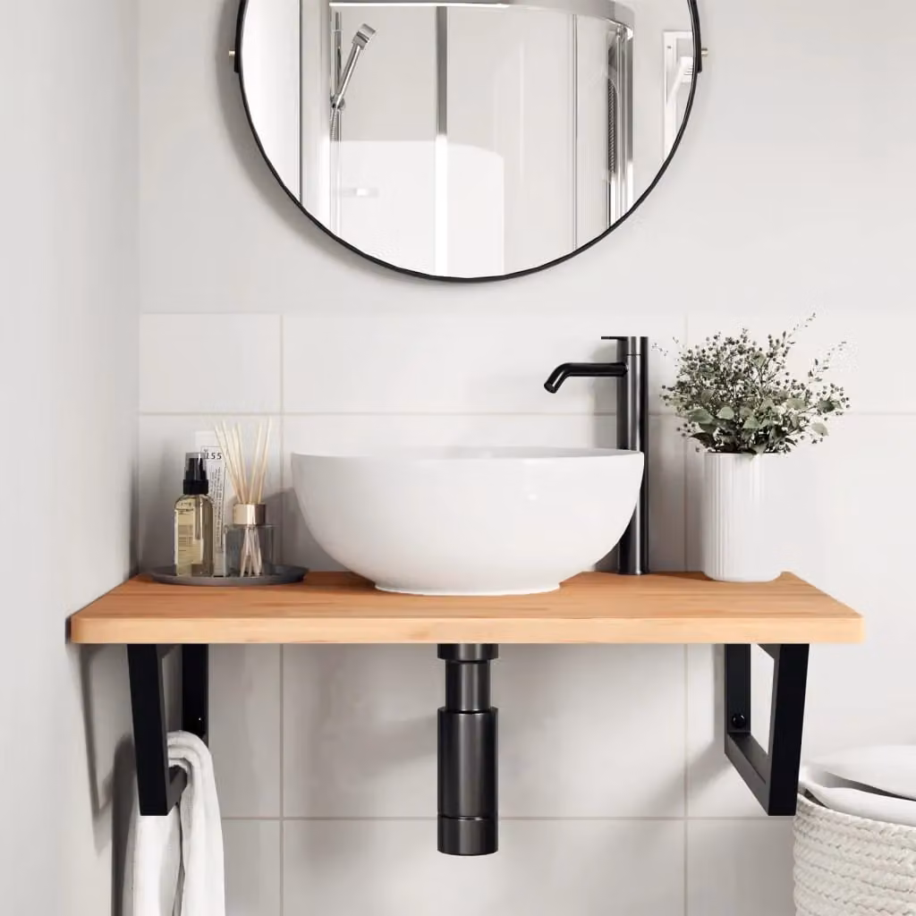 Berkfield Home Wall Mounted Basin Shelf in Brown Steel and Solid Beech Wood – 2