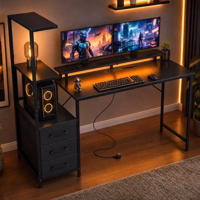 STILVORA Black Gaming Desk with RGB Lights and 3 Drawers – 1