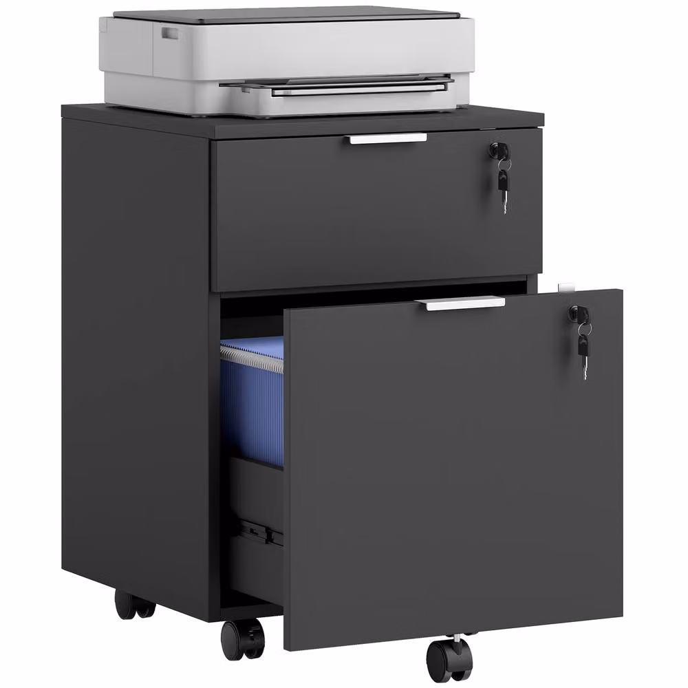 HOMCOM 2 Drawer Mobile Filing Cabinet with Lock and Castors in Black – 2