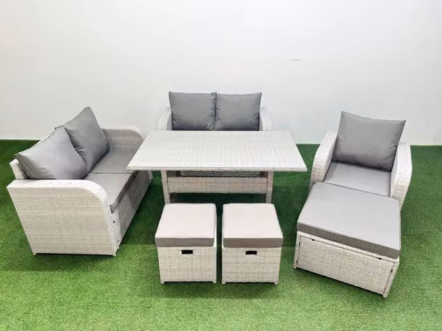 Fimous Grey Poly Rattan Garden Furniture Set with Reclining Chair, Loveseat Sofa, Rectangular Dining Table and 3 Stools