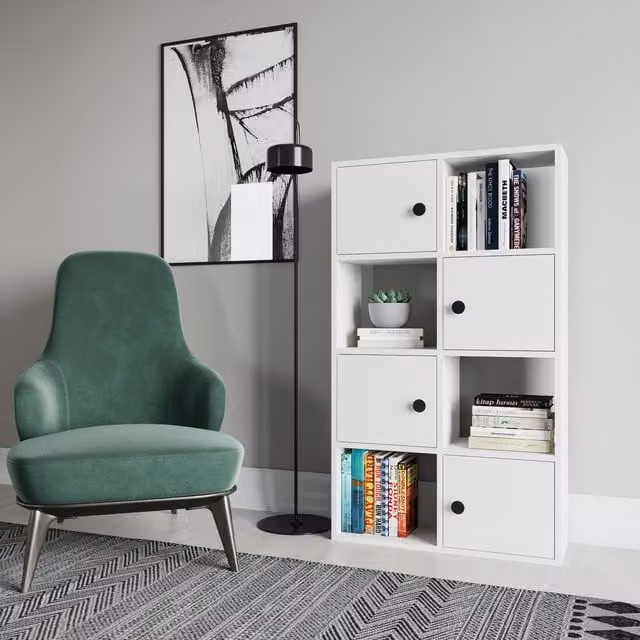 Decorotika Tasso Modern Bookcase with Cabinets in Matt White