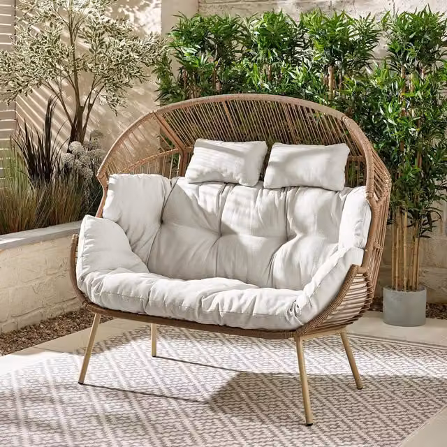 FurnitureboxUK Outdoor Double Egg Chair with Cushions and Cover in Beige and Brown PE Rattan