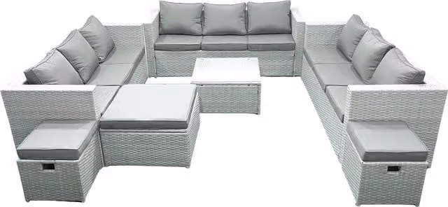 Fimous 12 Seater Rattan Garden Furniture Set in Grey with U-Shape Sofa, Ottomans and Coffee Table