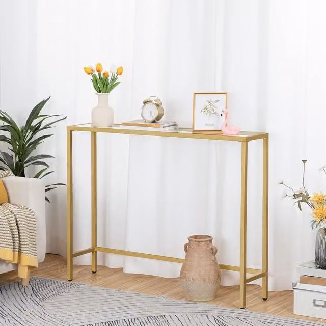 Storvo Gold Metal and Glass Minimalist Rectangular Hallway Console Table W/D/H: 100 x 80 x 22 cm