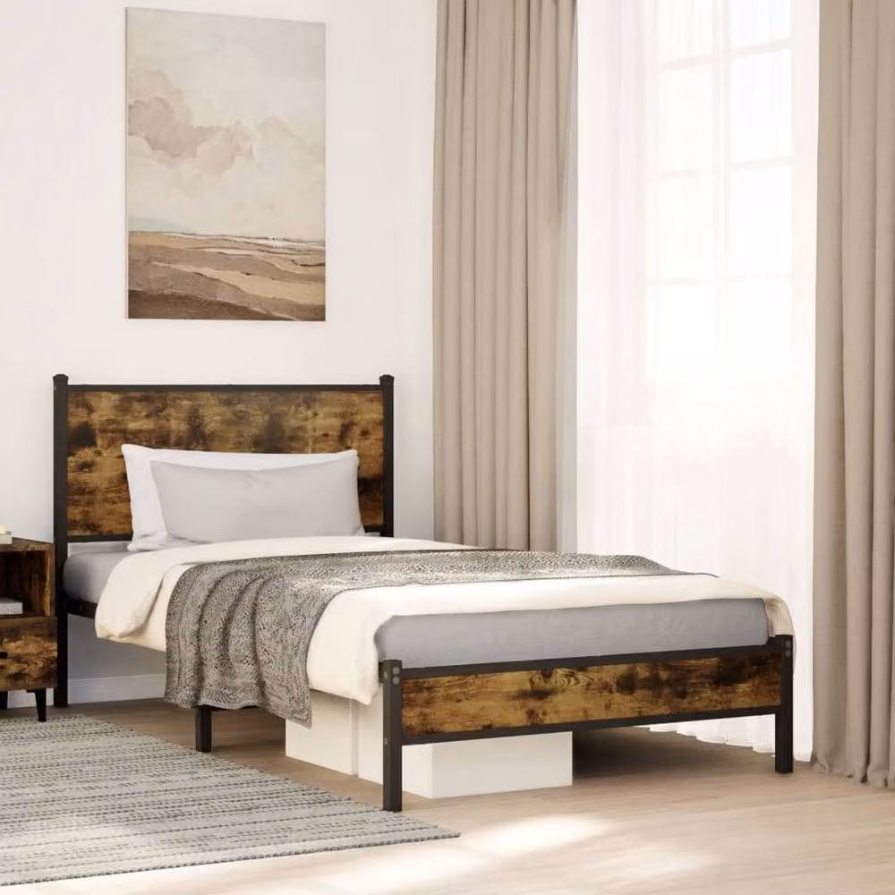 Berkfield Home Metal Bed Frame in Smoked Oak Brown, W/D/H: 100 x 200 cm – 2