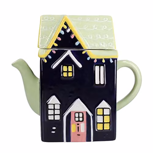 KitchenCraft The Nutcracker Collection Ceramic Teapot House in Blue, Multicolour and Green, 1.2 l