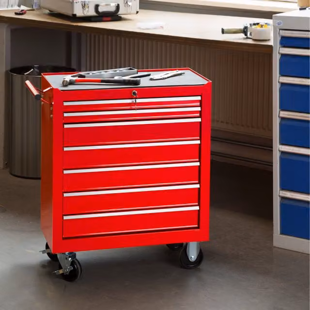 tectake Red Metal Tool Chest with 7 Lockable and Rollable Drawers