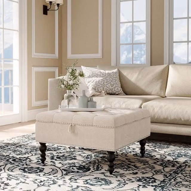 Livingandhome Beige Linen Square Tufted Storage Ottoman