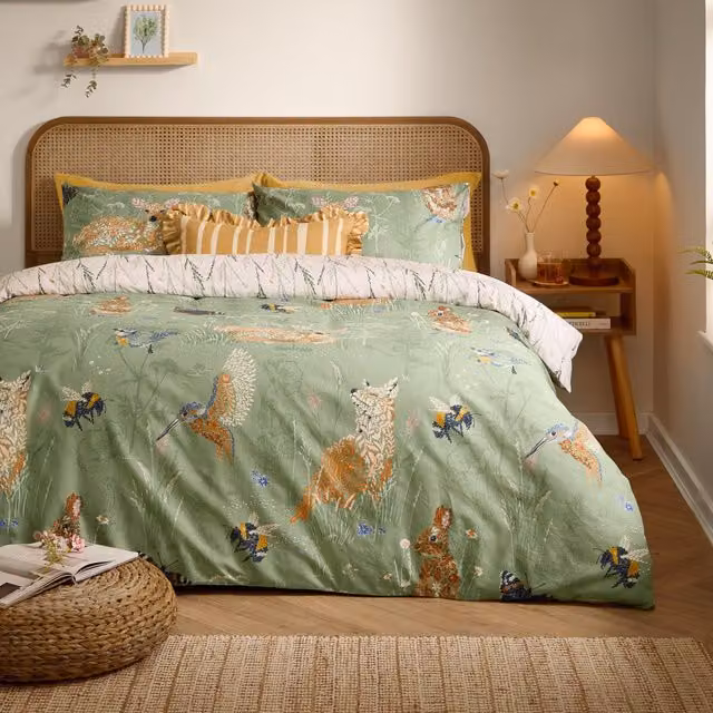 Terrys Reversible Green Floral Meadow Flora Printed Duvet Cover Bedding Set