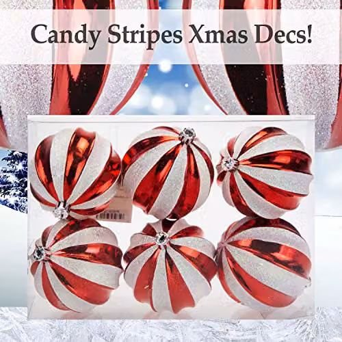 VFM e-Store Red and White Striped Round Christmas Baubles, 6 Pack, Diameter: 8 cm – 4