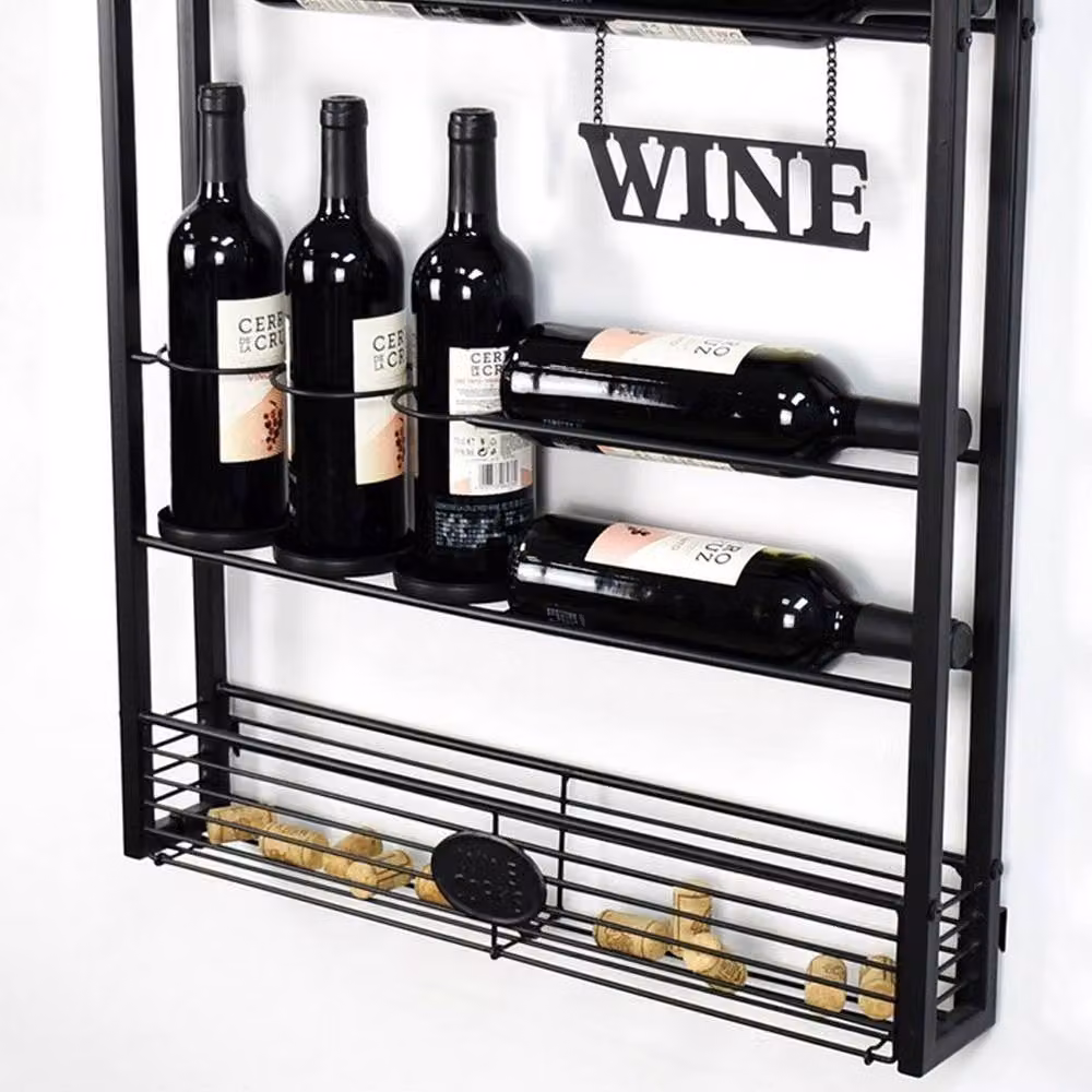 Minster Industrial Freestanding Wall Wine Rack in Black Metal and Wood, W: 61 cm, D: 11 cm, H: 80 cm – 2