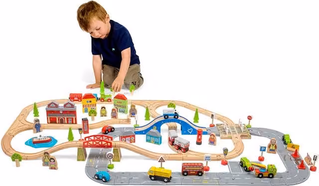 Bigjigs City Road and Railway Wooden Push Train Set in Multi-coloured