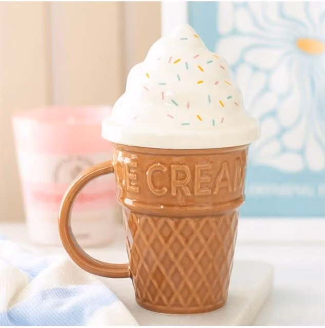 KDMD Ice Cream Cone Ceramic Mug with Lid, 500 ml, Brown