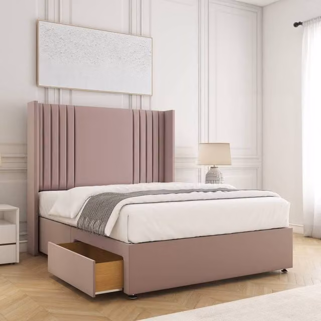 BSSPOKE Cheshire Small Double Divan Bed with 54 inch Plush Velvet Headboard and 2 Drawers, Pink, W/D/H: 120 x 200 cm