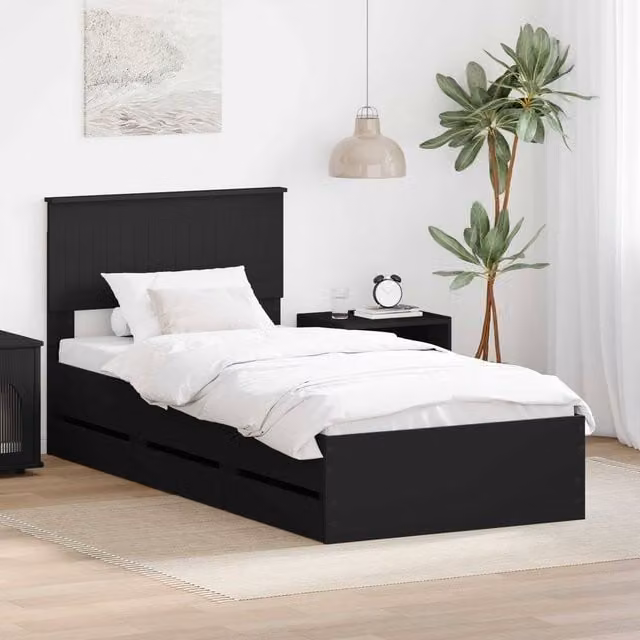 Berkfield Home Modern Bed Frame with Drawers in Black, Engineered Wood, W/D/H: 90 x 200 cm