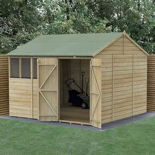 Forest Garden Classic Reverse Apex Wooden Shed with 4 Windows and Double Doors in Green and Brown, W: 304.8 cm, D: 304.8 cm, H: 224.11 cm – 2