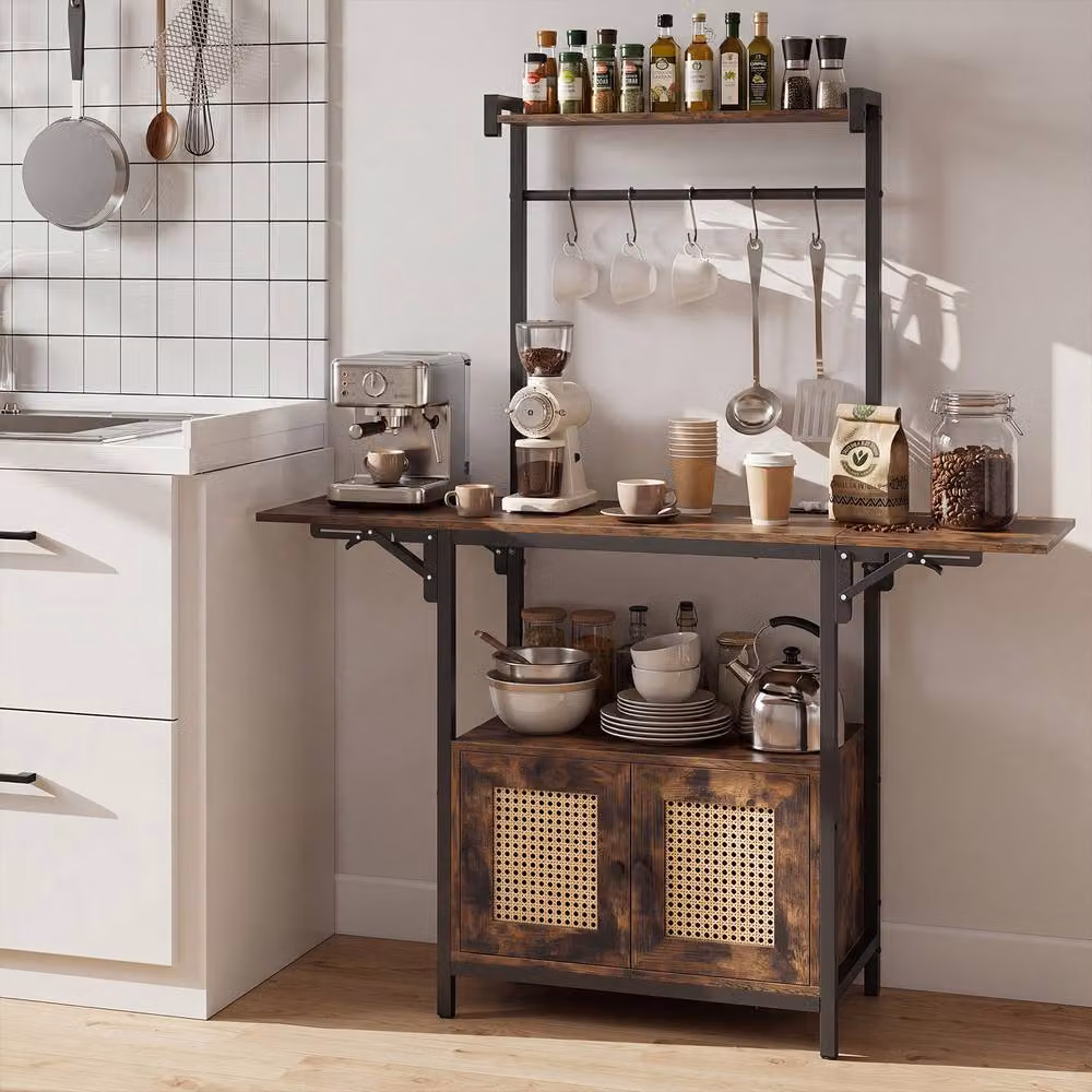 Costway Bakers Rack Microwave Stand with Drop Leaf and Rattan Details in Brown – 4