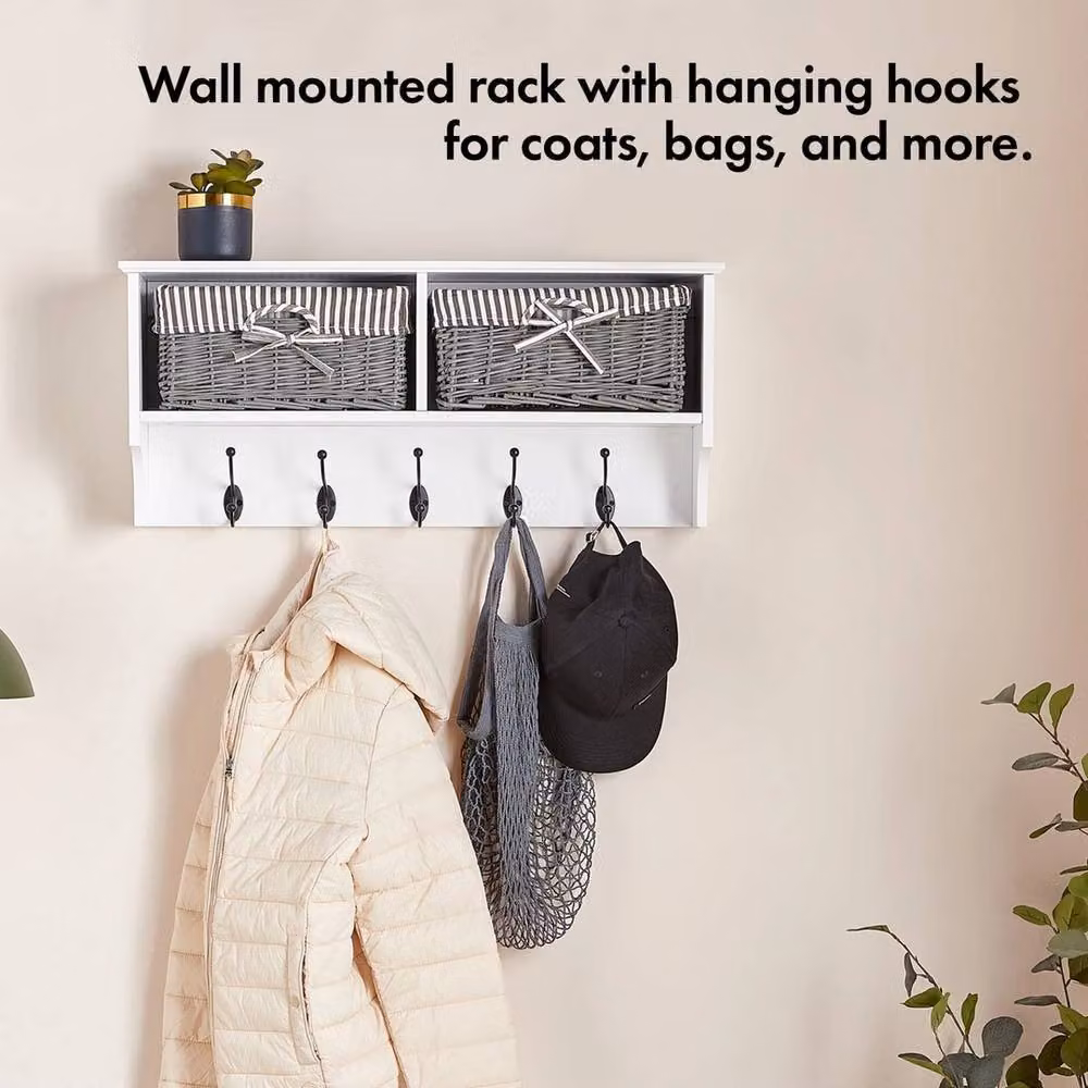 NESTLUNE White Wall Mounted Coat Rack Shelf with Wicker Rattan Baskets, W/D/H: 100 x 100 x 100 cm – 3
