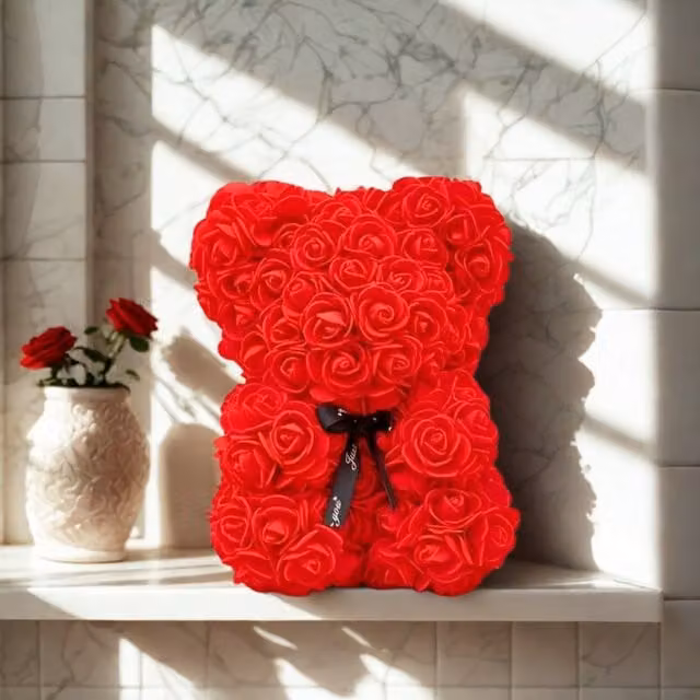 Smartbies Red Rose Petal Teddy Bear with Black Ribbon