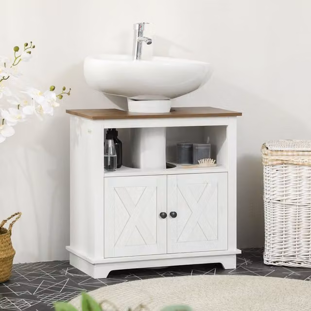 kleankin Freestanding White Bathroom Under Sink Storage Cabinet with Double Hinged Doors