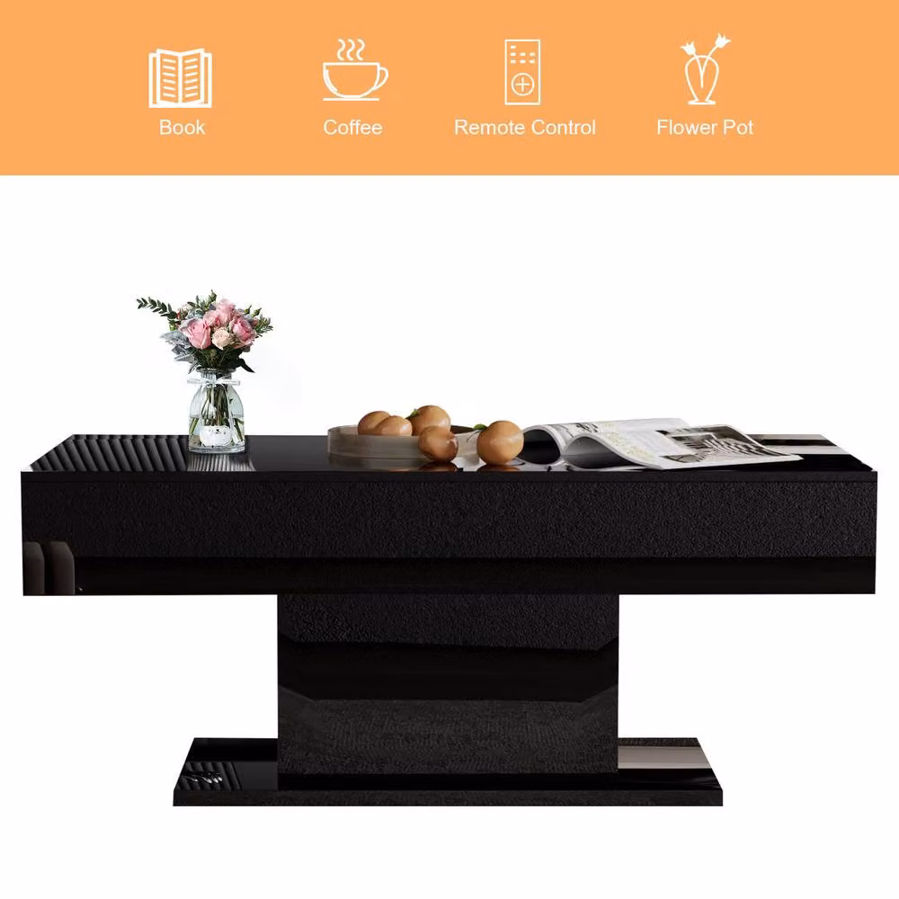 KEEPREAPER High Gloss Rectangular Coffee Table with 16-Colour LED Light in Black – 3