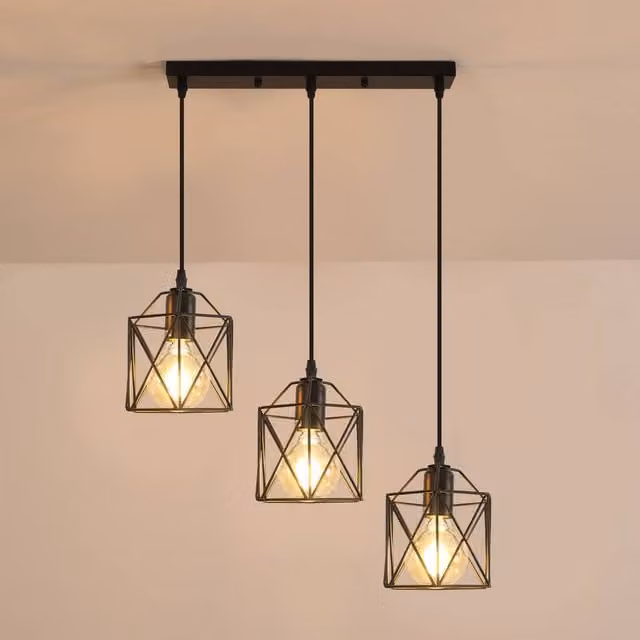 Pheashine Black 3-Light Industrial Metal Pendant Light with Rectangular Canopy and E27 Base