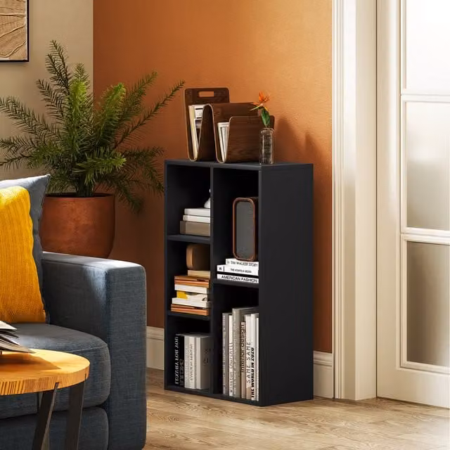 HOMCOM Modern 2 Tier Black Bookshelf with 5 Open Storage Compartments
