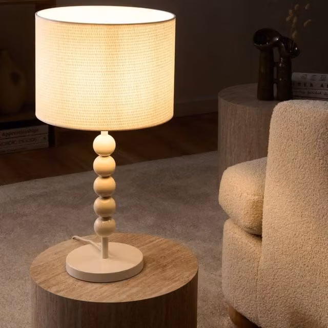Wyld and Coco Mid Century Stacked Sphere Table Lamp in White with Metal Base and Fabric Drum – 1