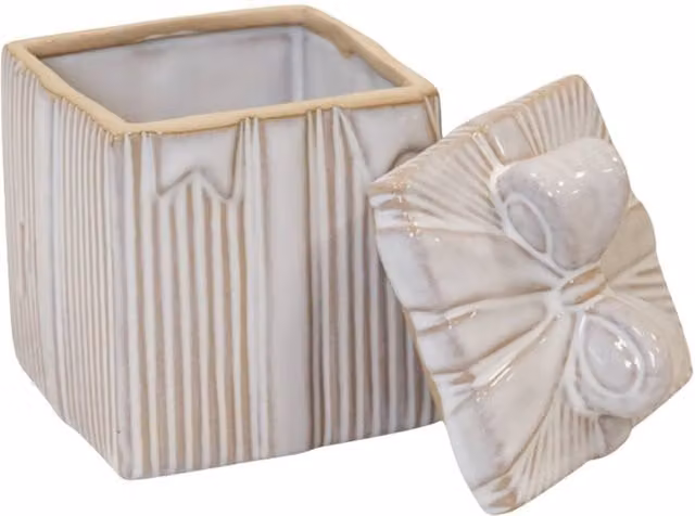 Four Candle White Natural Ceramic Gift Box with Bow Lid, Diameter: 13 cm