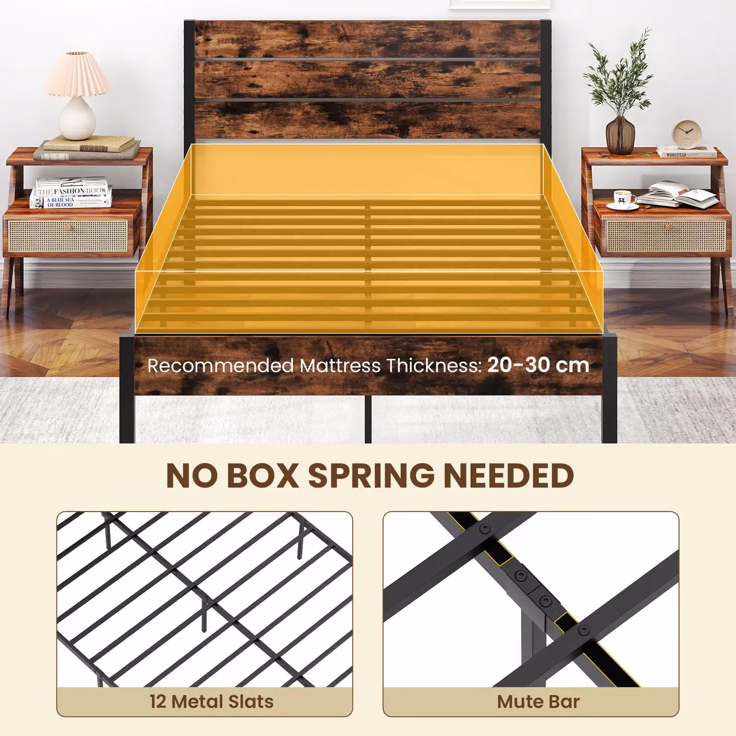 Gymax Double Metal Platform Bed Frame with High Headboard, Brown, W/D/H: 140 x 200 cm – 7