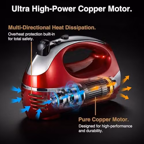 VonShef 300W Electric Hand Mixer in Red and Silver with 5 Speeds and Stainless Steel Attachments – 4