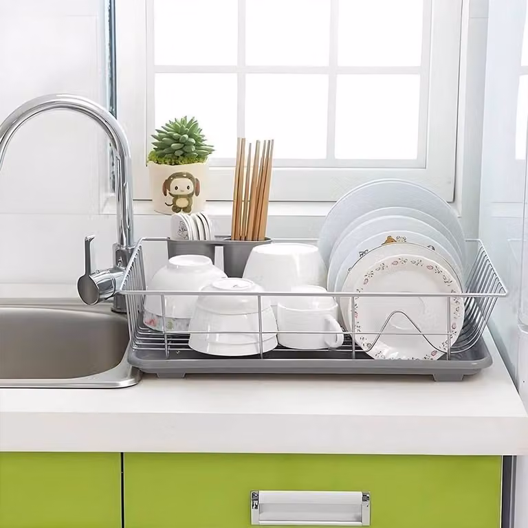 FORGEVIO 2 Tier Kitchen Dish Drainer Rack with Drip Tray in Silver