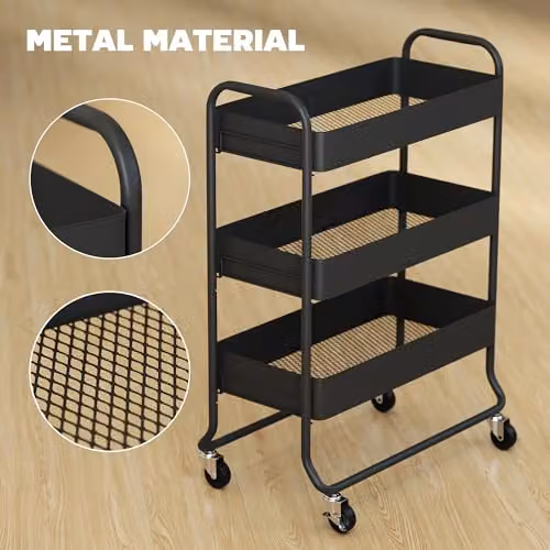 HOMCOM 3-Tier Metal Storage Trolley with Mesh Baskets and Wheels, Black – 5
