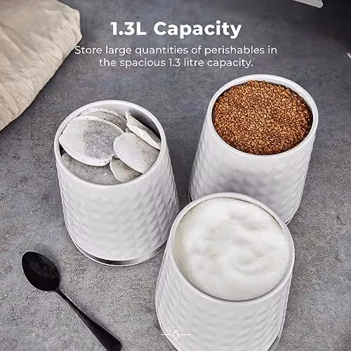 Tower Solitaire Set of 3 Airtight White Canisters with Stainless Steel Lids – 3