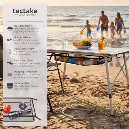 tectake Folding Camping Table, Silver, W: 90 cm, D: 52 cm, H: 47-70 cm – 2