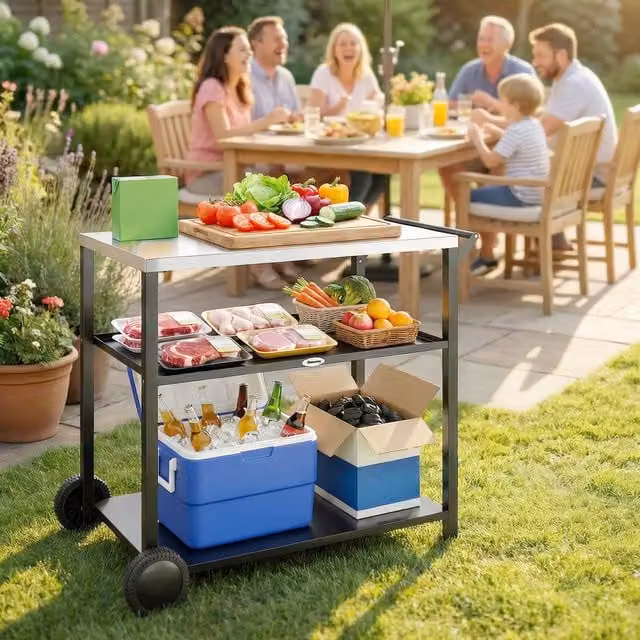 Outsunny Black Metal Grill Cart with Stainless Steel Top and 2-Tier Pizza Oven Stand