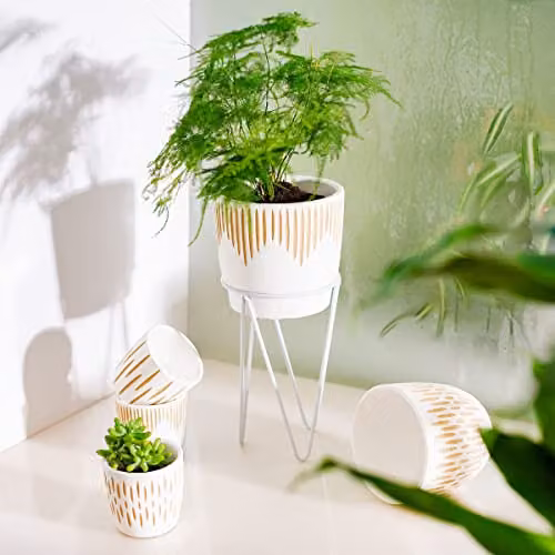 Sass & Belle White and Sand Sgrafitto Concrete Tabletop Planter with Metal Wire Stand W/D/H: 14.0 x 14.0 x 30.0 cm – 2