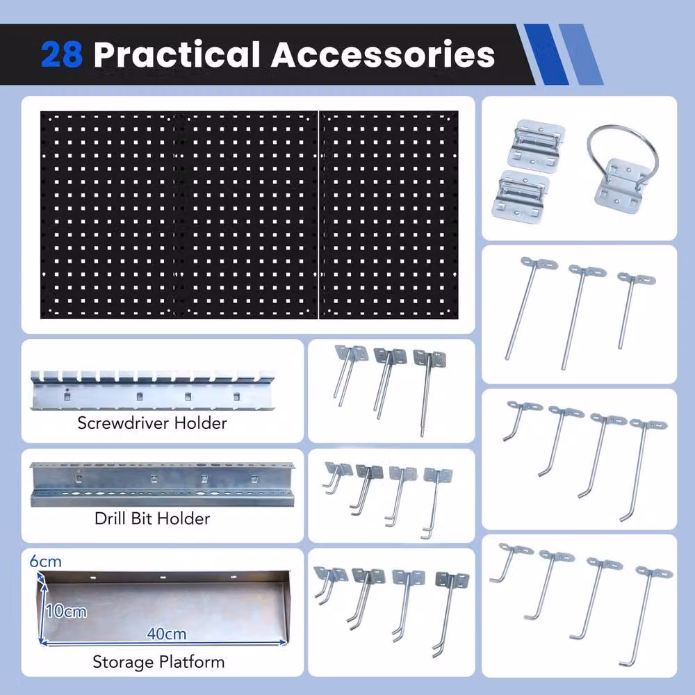 Gymax Wall-Mounted Metal Pegboard Tool Organizer Kit in Black with 28 Hanging Hooks – 5